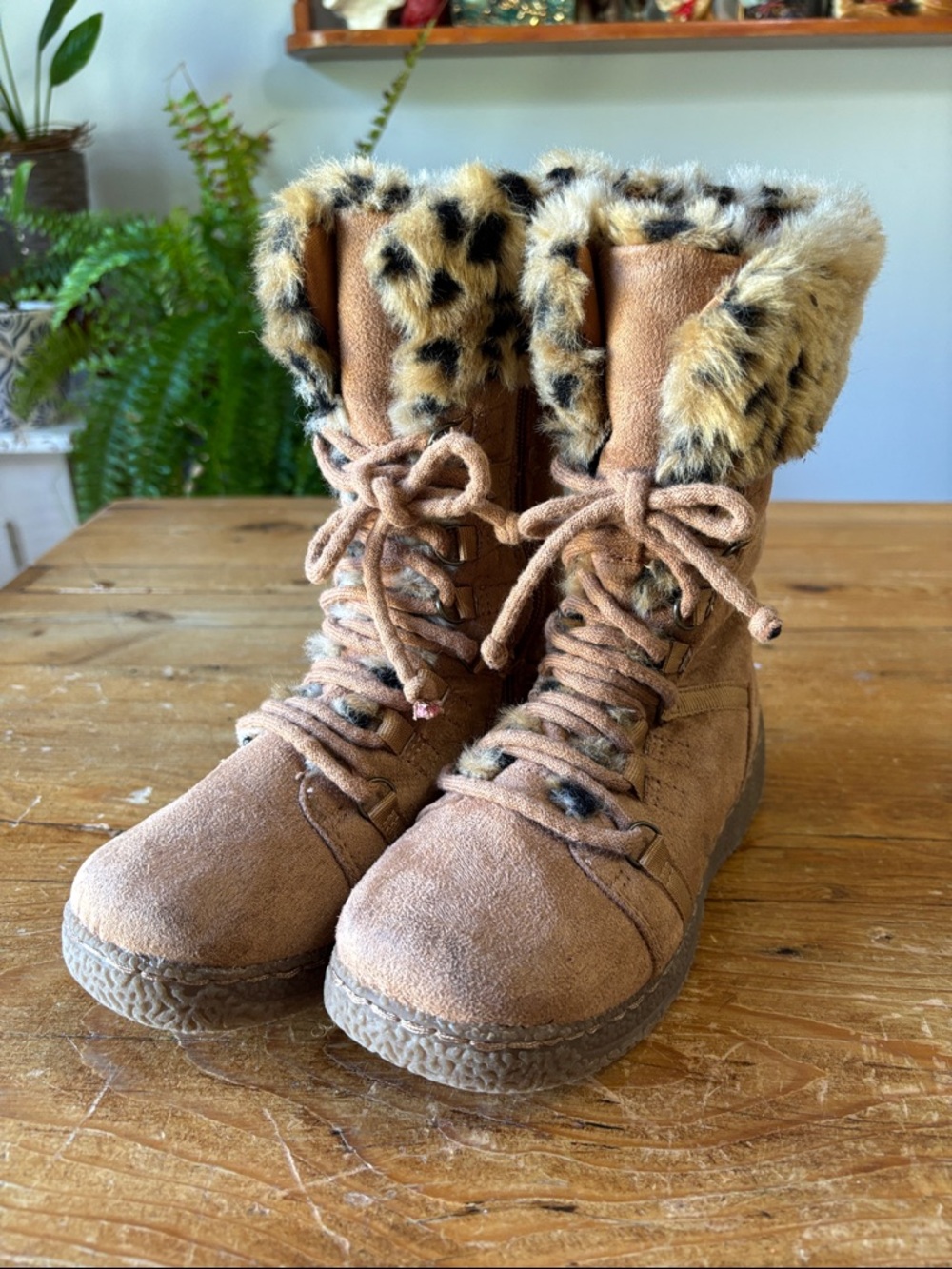 Candie's Brown Suede Side Zip Lace-Up Girls' Boots with Faux Leopard Fur
